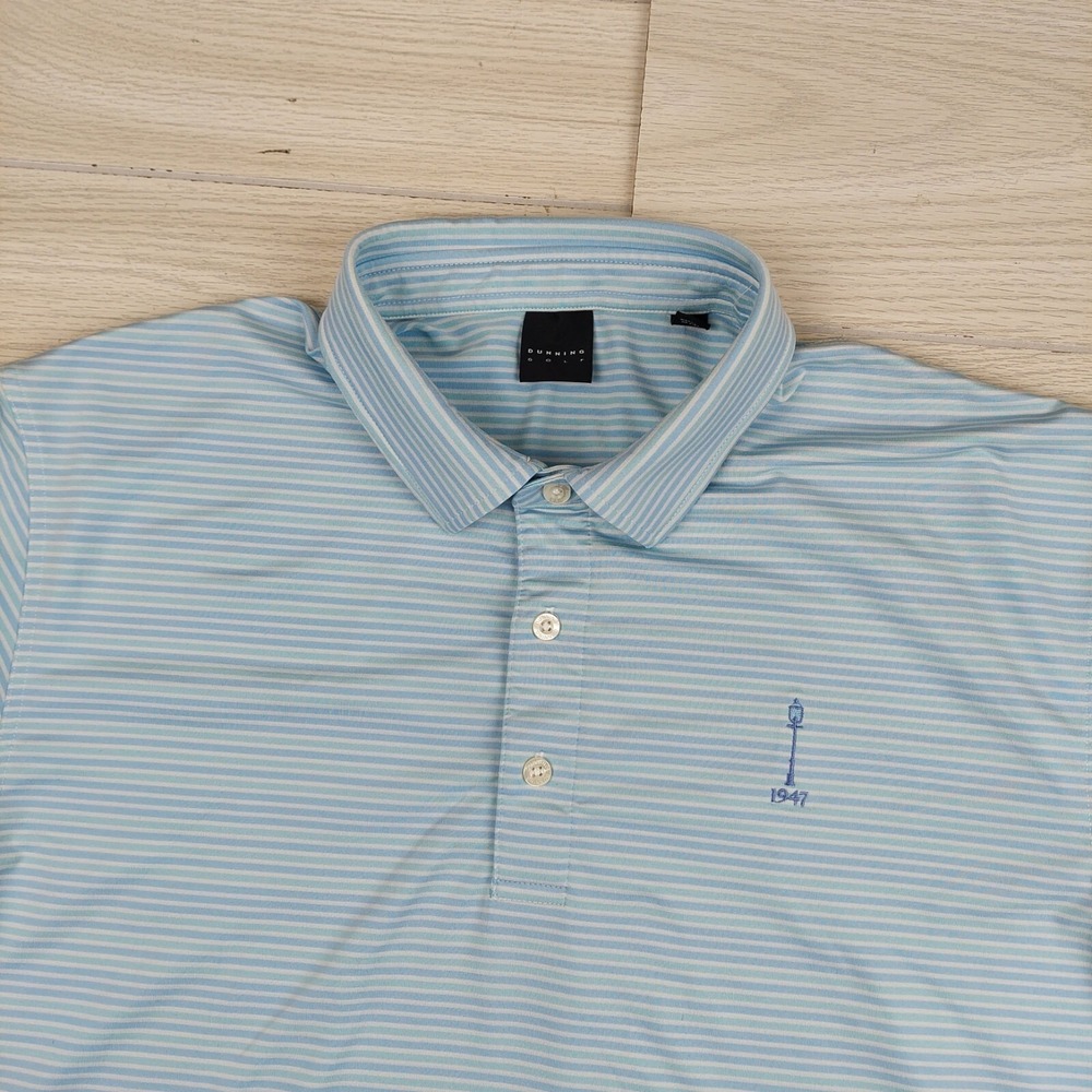 Dunning Golf Polo Shirt Mens Large Blue White Striped Coolmax Performance Preppy